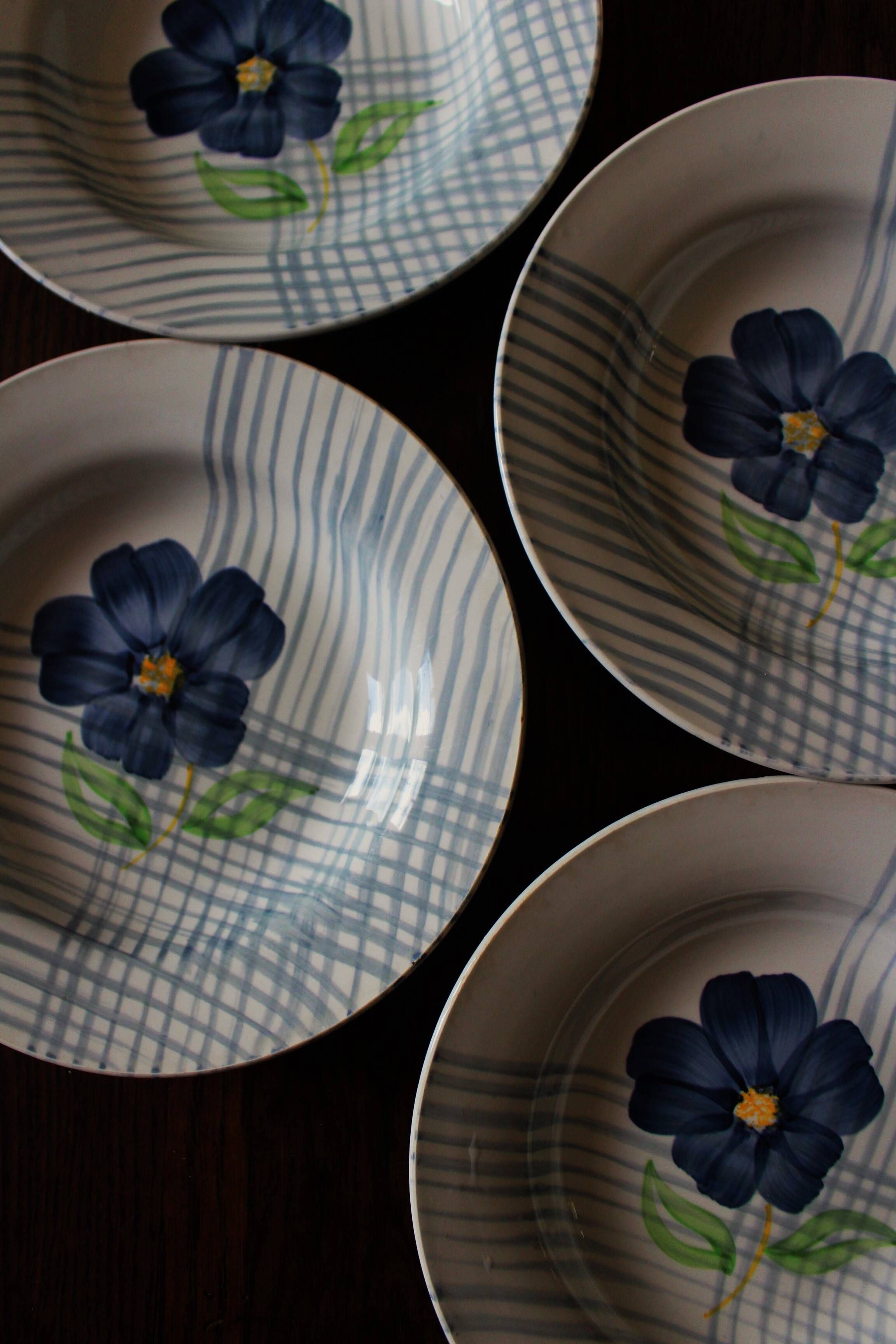 Lot 4 soup plates Blue Flower Hand Painted Collection Valentin Digoin Sarreguemines Coat of Arms