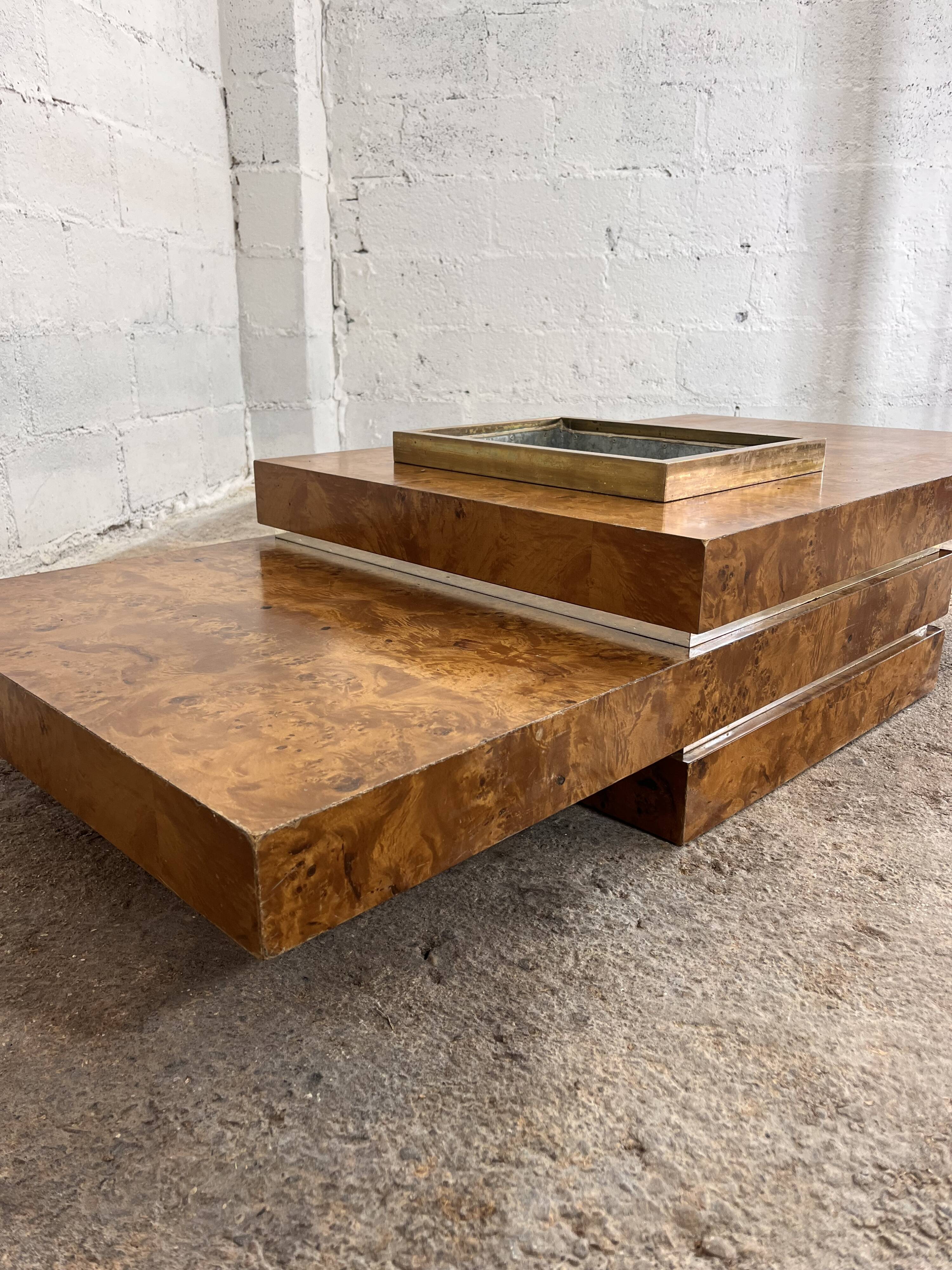 RocheBobois coffee bar table in elm burl and brass, 1970s