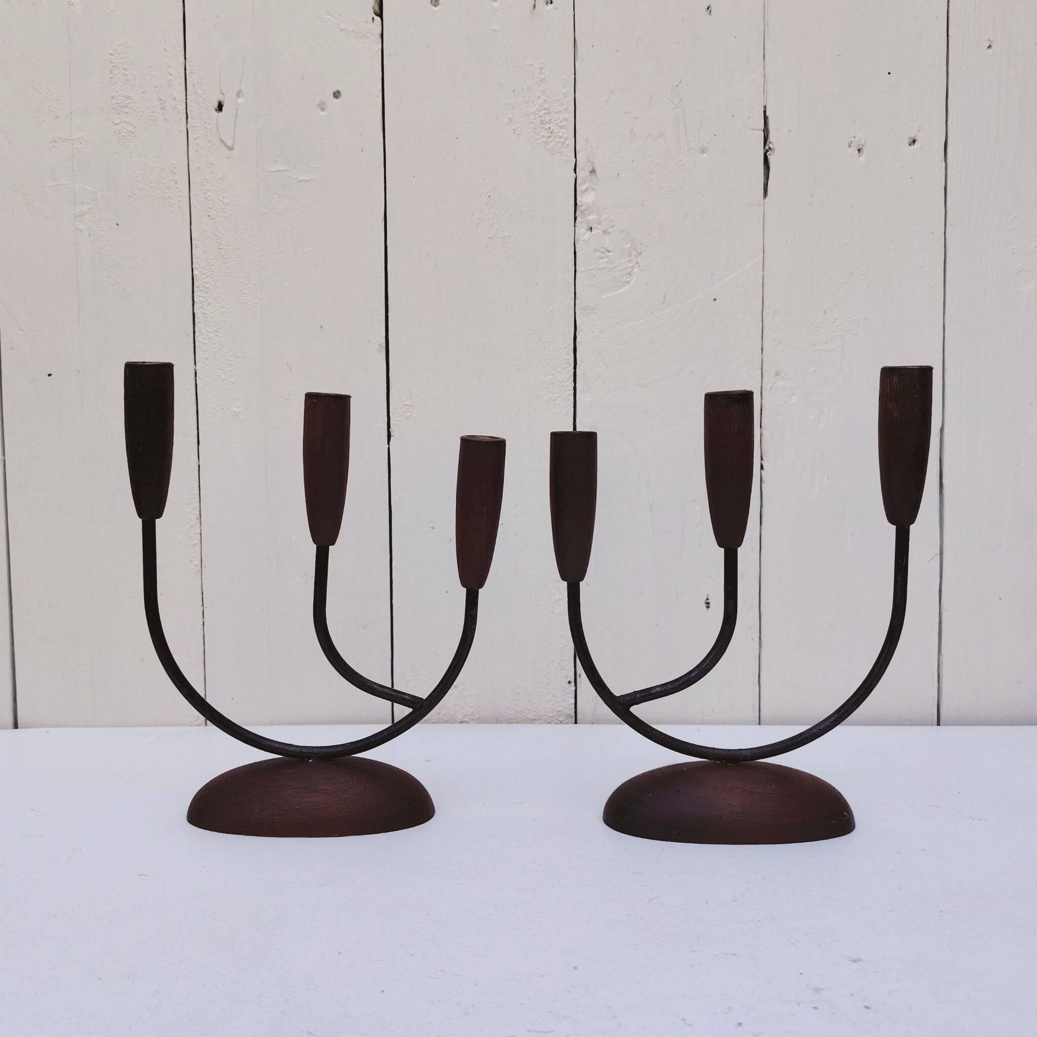 Pair of Scandinavian vintage three-light candlesticks