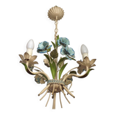 Lustre 3 lumières vintage en métal bleu au décor floral
