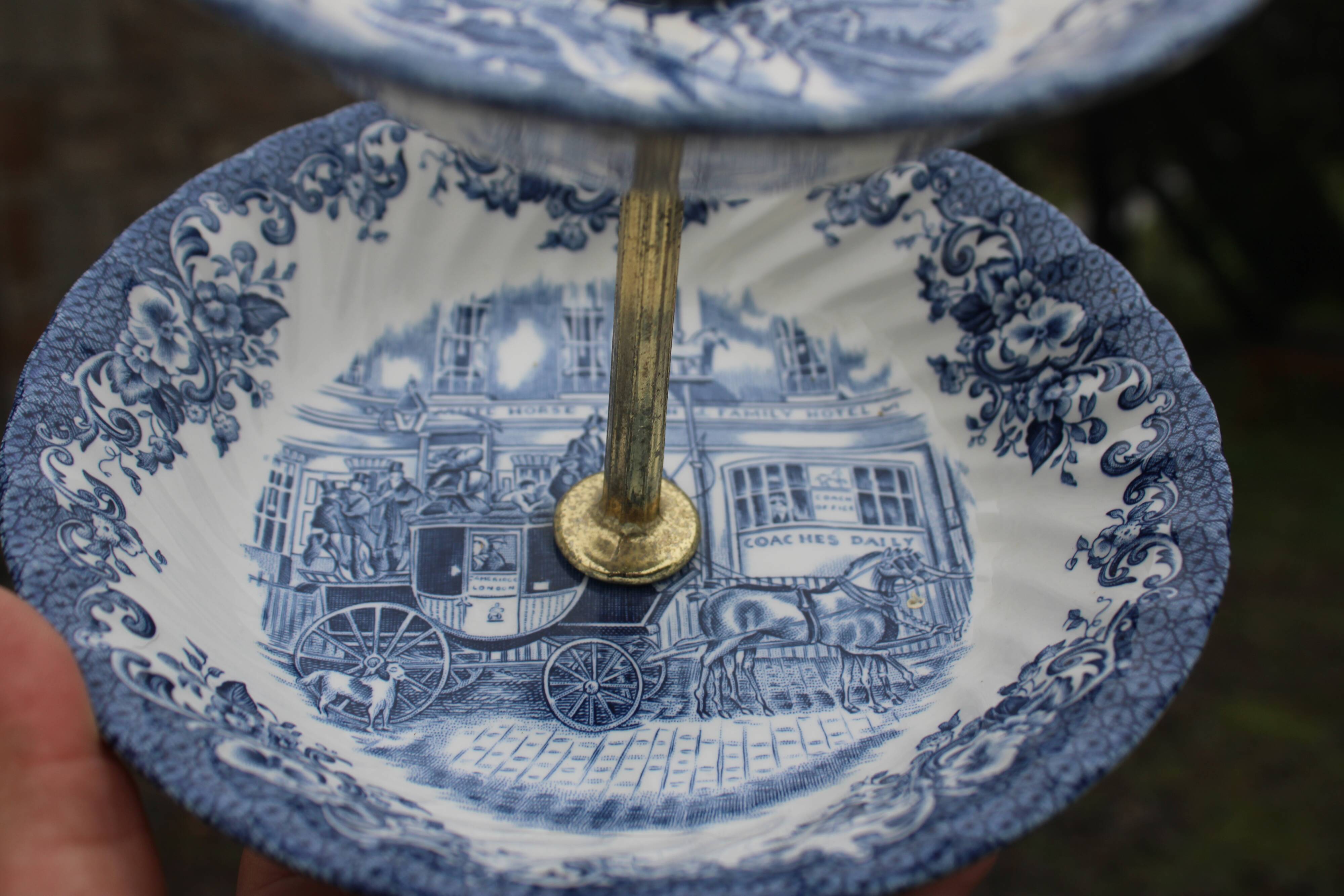 Johnson Bros. Two-Tier Serving Dish – “Coaching Scenes” – Blue English Earthenware