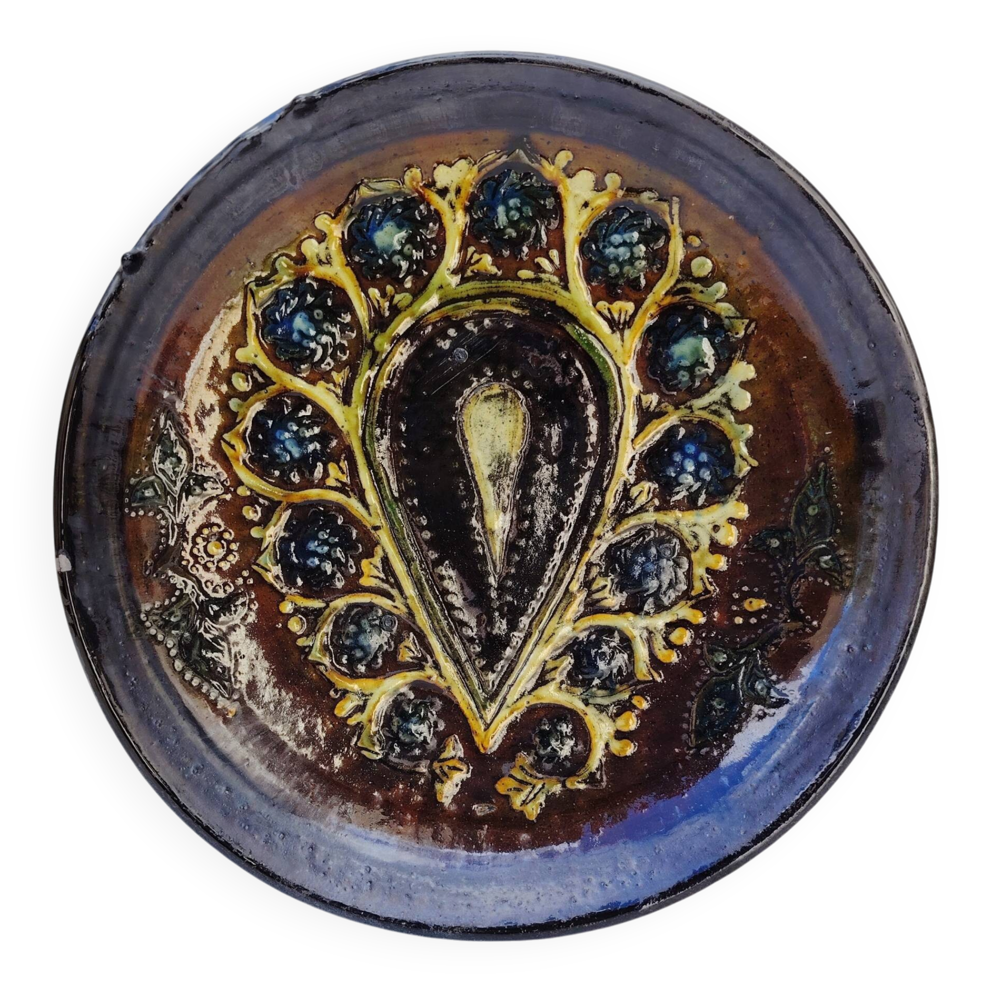 Decorative plate, glazed ceramic, floral design.