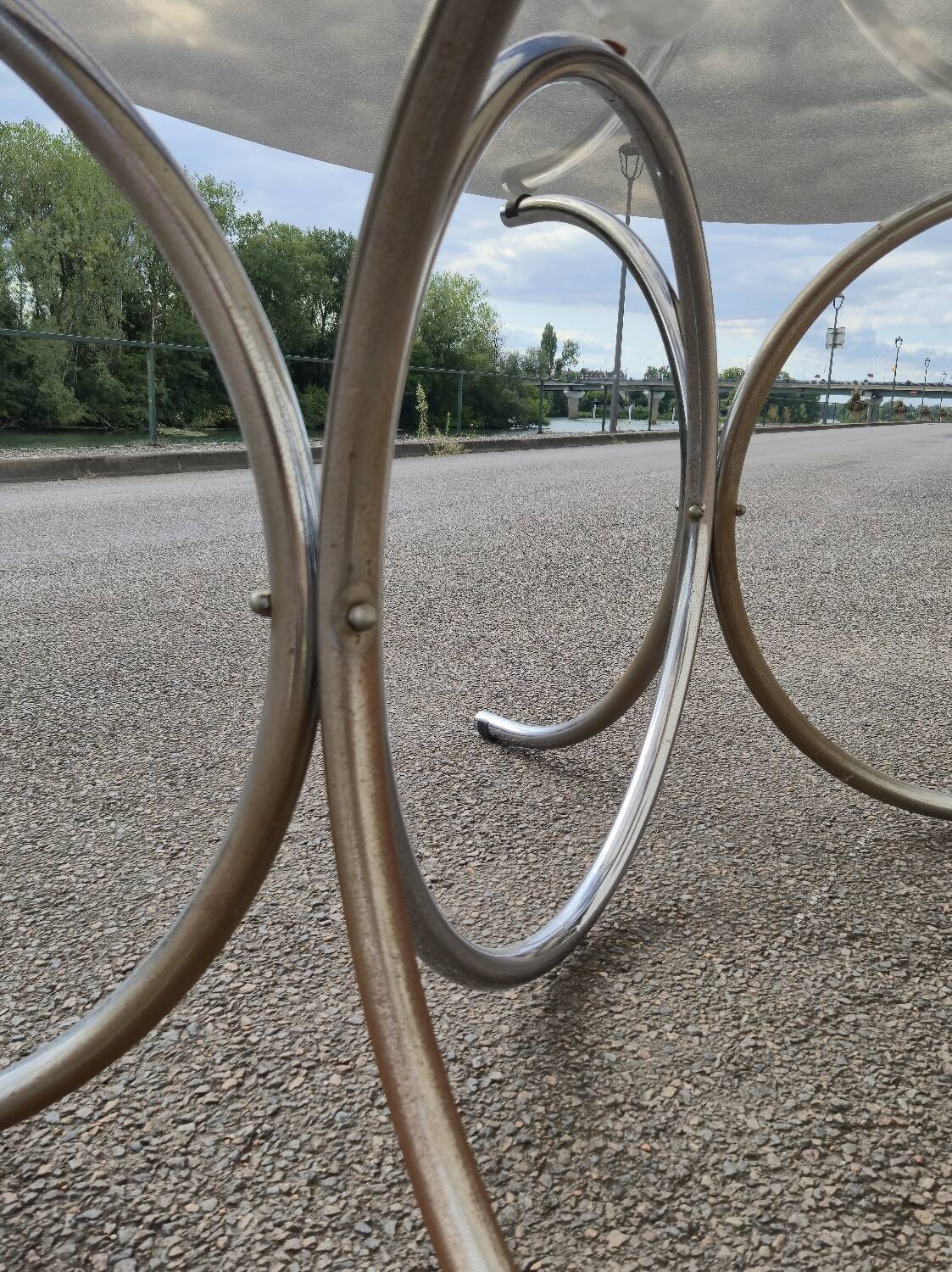 Vintage oval design table in smoked glass and chrome legs