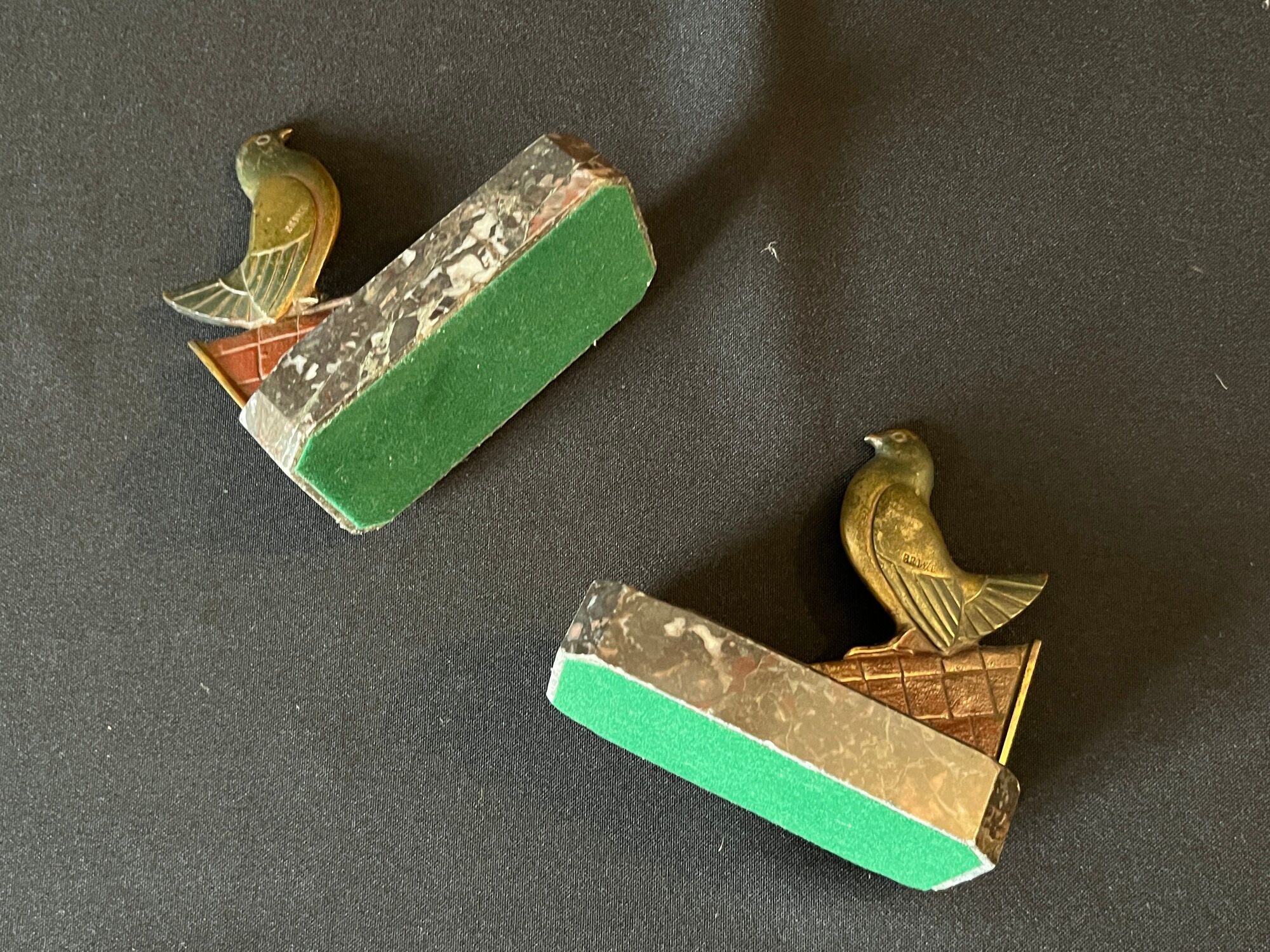 Pair of art deco bronze bookends pigeons dove marble