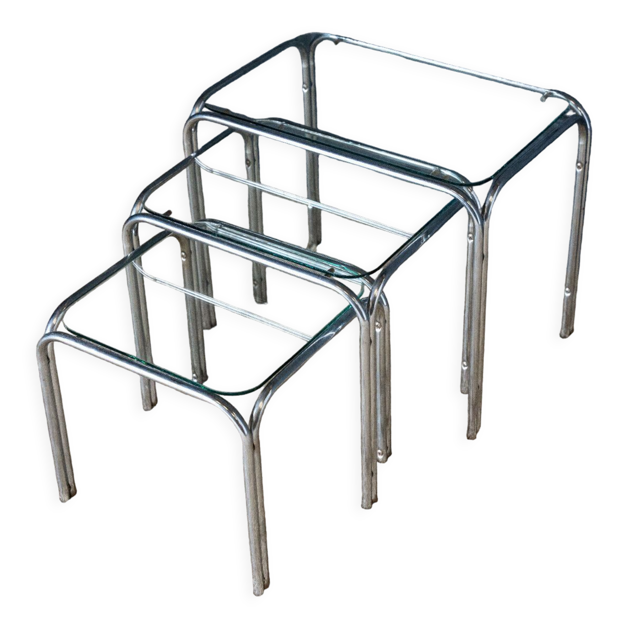 Three nesting tables 1970 Chromed metal and glass top