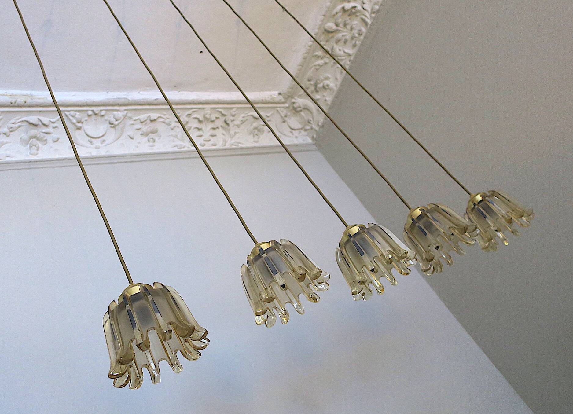 Set of 5 Doria  pendant lights in brass and amber-coloured glass, 1960s