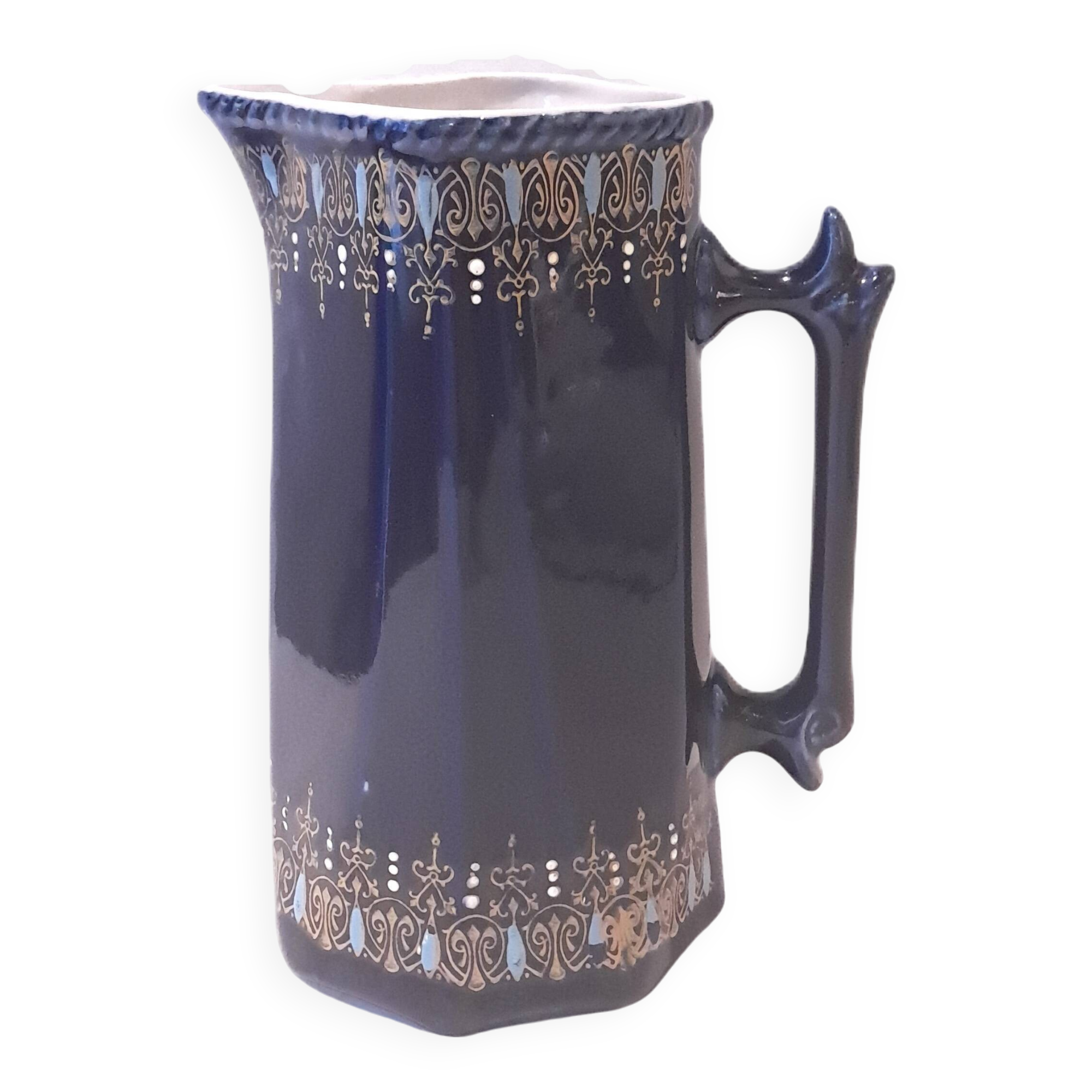 Antique Cobalt Blue Earthenware Jug With Enamelled Decor