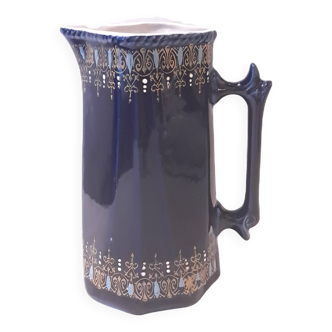 Antique Cobalt Blue Earthenware Jug With Enamelled Decor