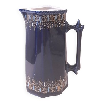 Ancienne Cruche En Faïence Bleu Cobalt Avec Décor Émaillé