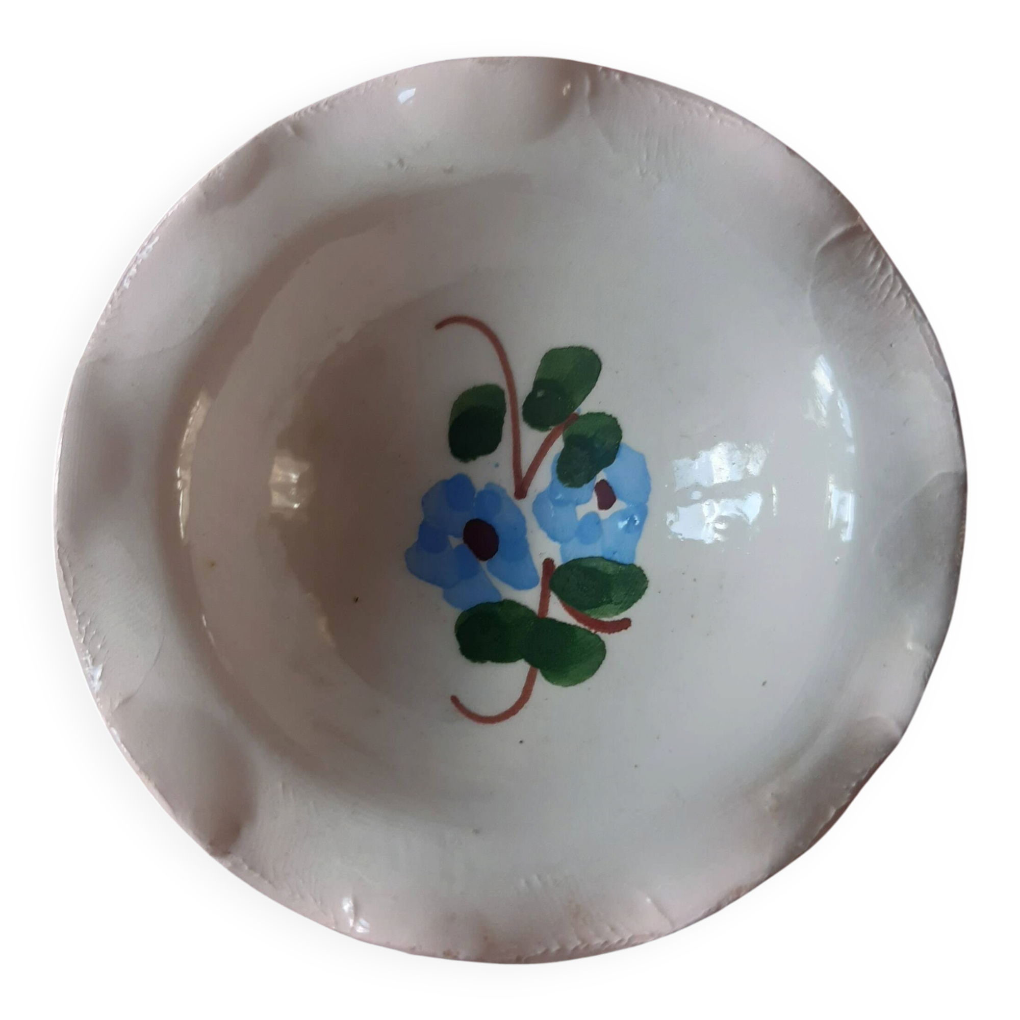 Coupelle vide poche en faïence décor fleuri bleu et vert.