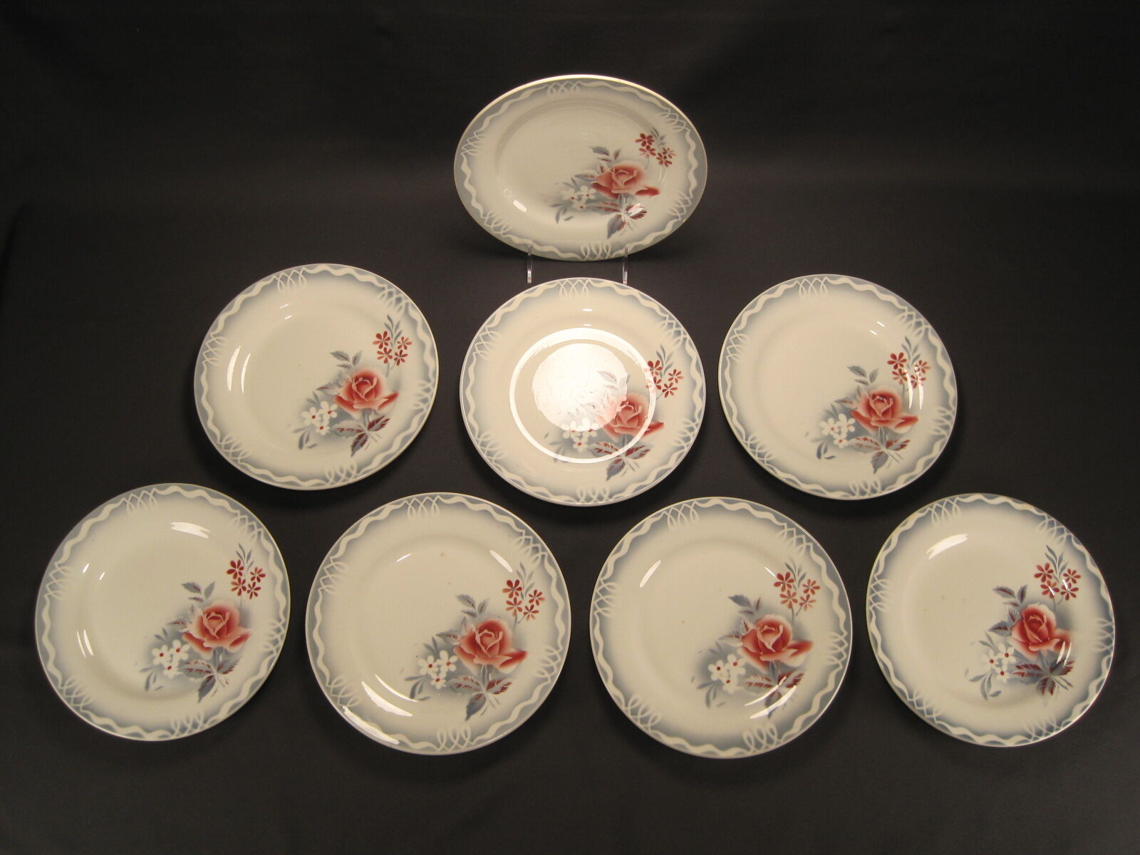 Lot 8 assiettes plates faïence de digoin sarreguemines décor de roses série olga