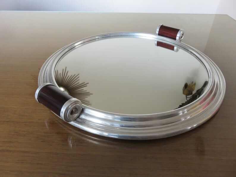 Round aluminum mirror top with wooden handles 40s 50s