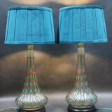 1960s Pair of Hand Painted Glass Table Lamps, Czechoslovakia