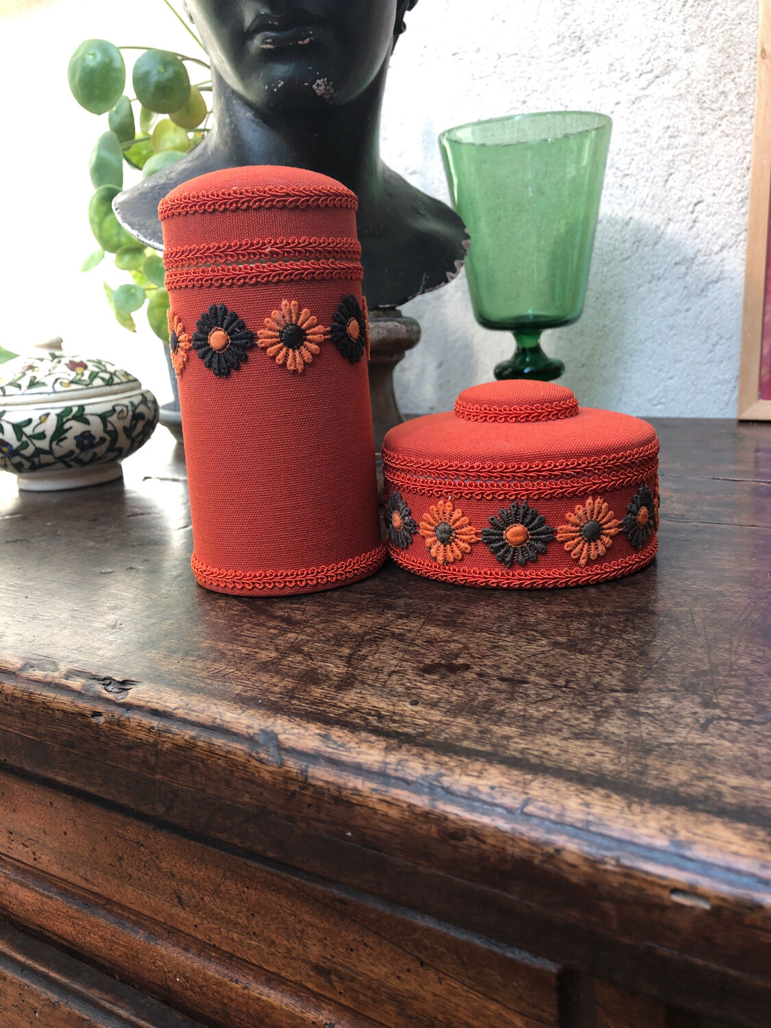 Vintage orange toilet storage boxes