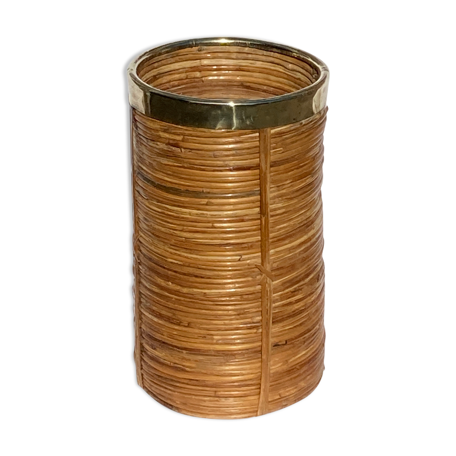 Midcentury rattan wicker and brass umbrella stand or basket