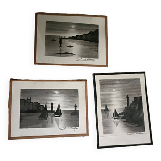 Three seascapes, engravings, signed