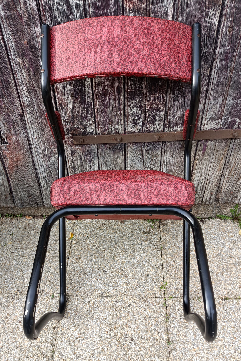 Design armchair, metal and red skai, vintage, 50s