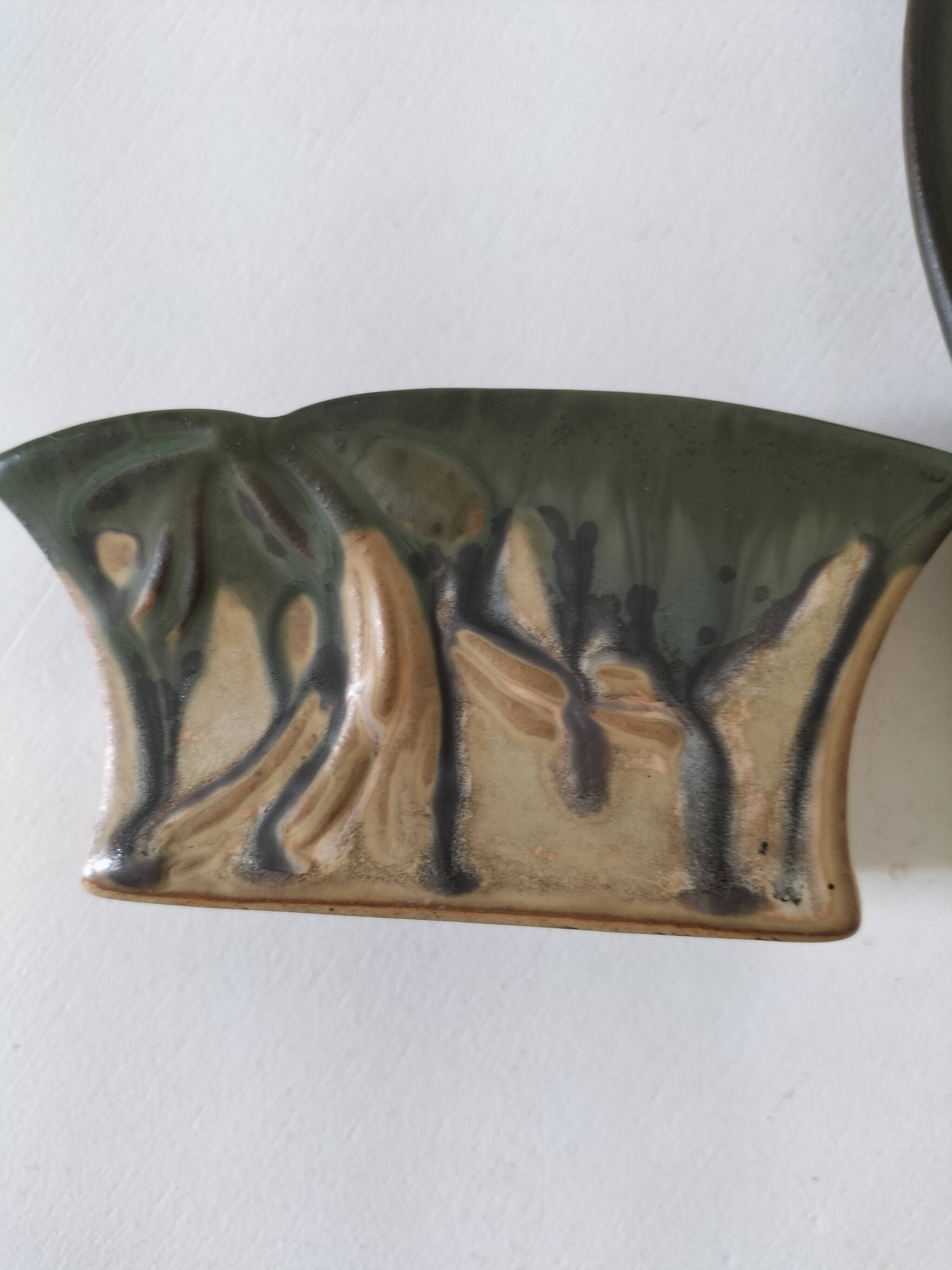 Pair of Denbac enamelled green and blue vide-poches.