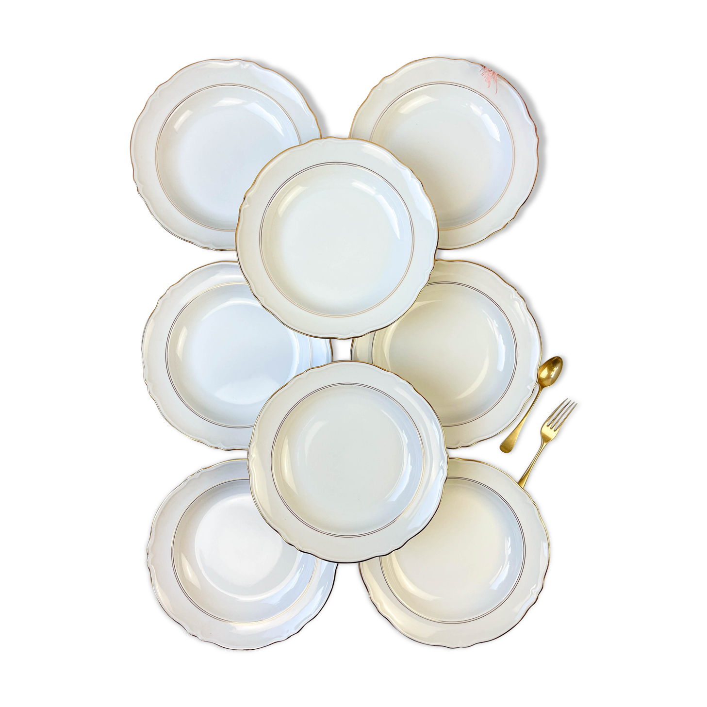 8 assiettes creuses porcelaine blanche doré cenpor limoges