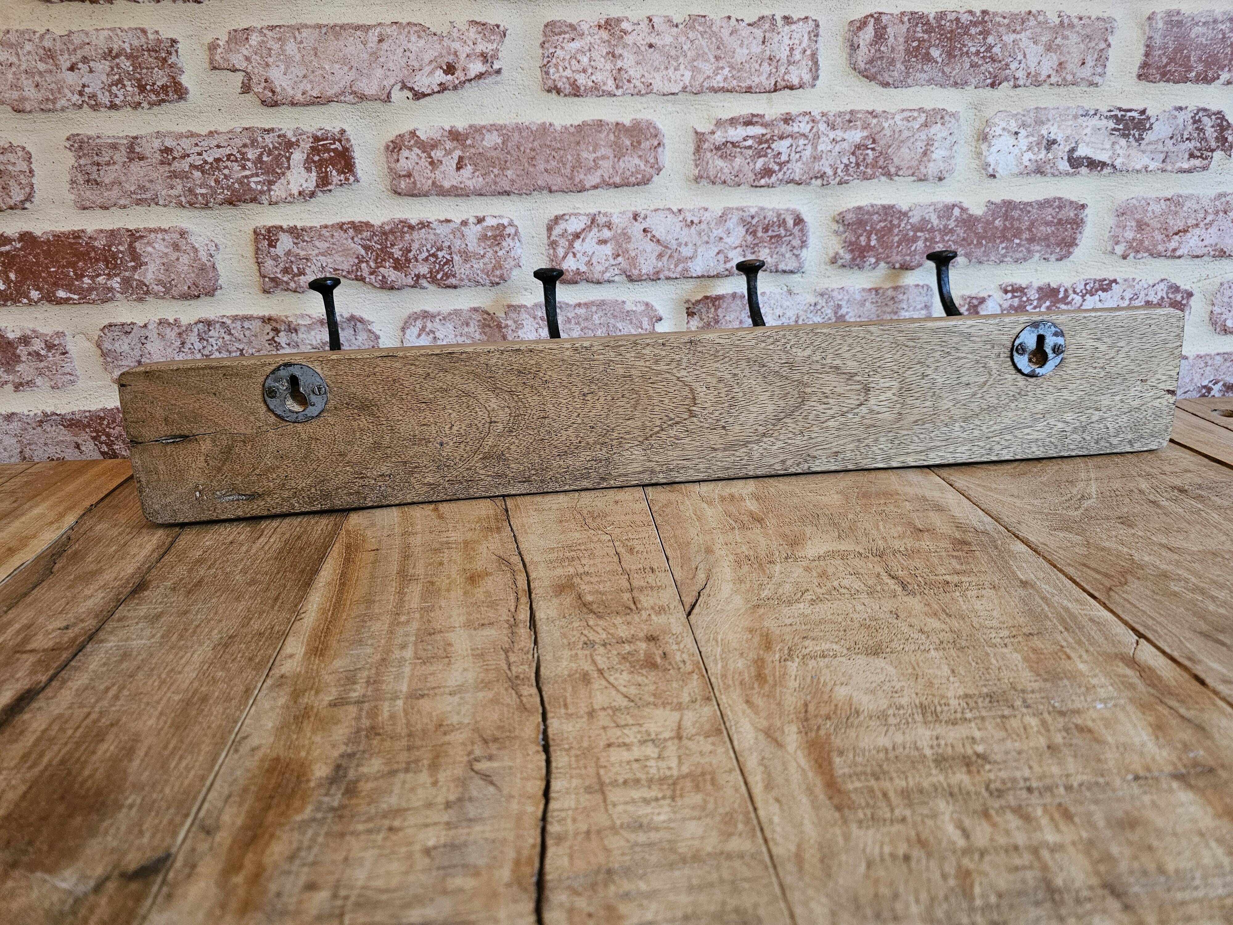 Solid teak coat hook with 4 double cast iron hooks