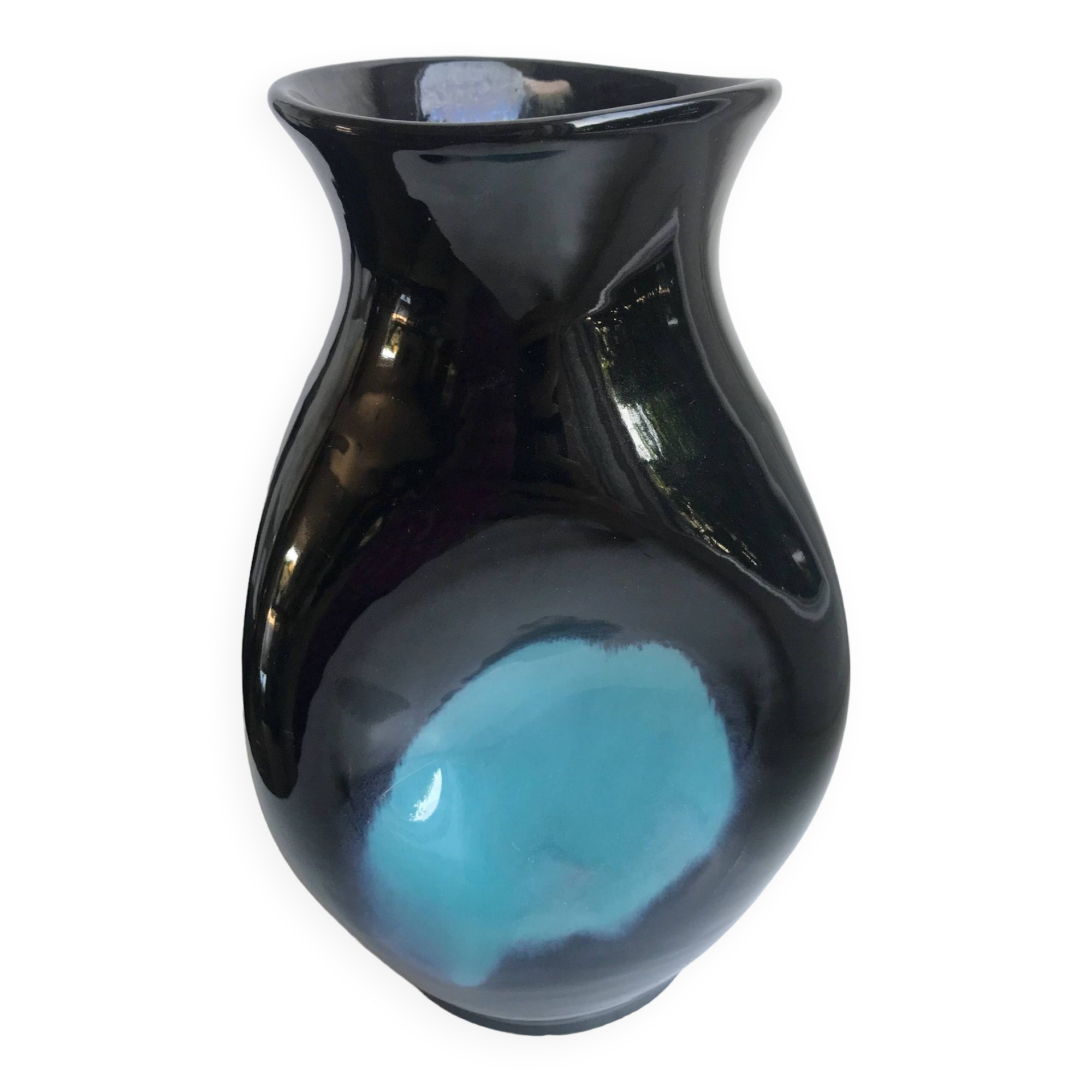 free-form design vase in black and blue ceramic from the 70s
