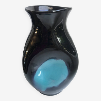 vase design forme libre en céramique noir et bleu années 70