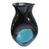 free-form design vase in black and blue ceramic from the 70s
