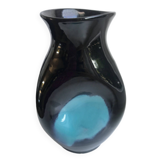 free-form design vase in black and blue ceramic from the 70s