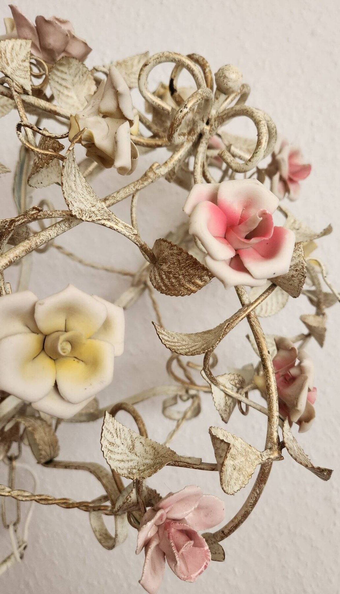 Hand-forged vintage pendant lamp with porcelain roses, Denz Neheim Hüsten