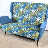 2-Seater Bench in Azure Blue Fabric – 1940s