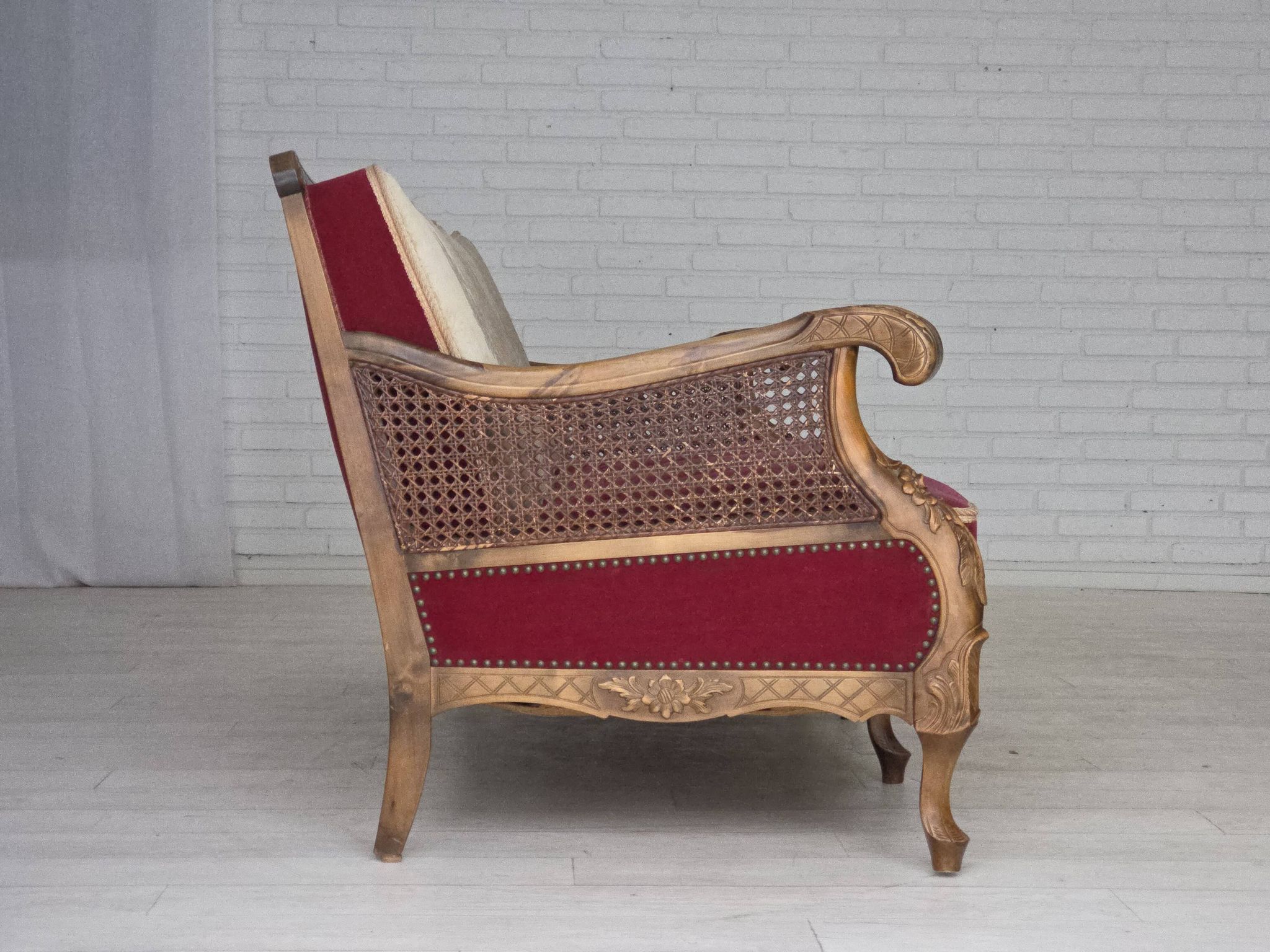 1930s, Danish 3-seater sofa, red furniture velour, furniture mesh.
