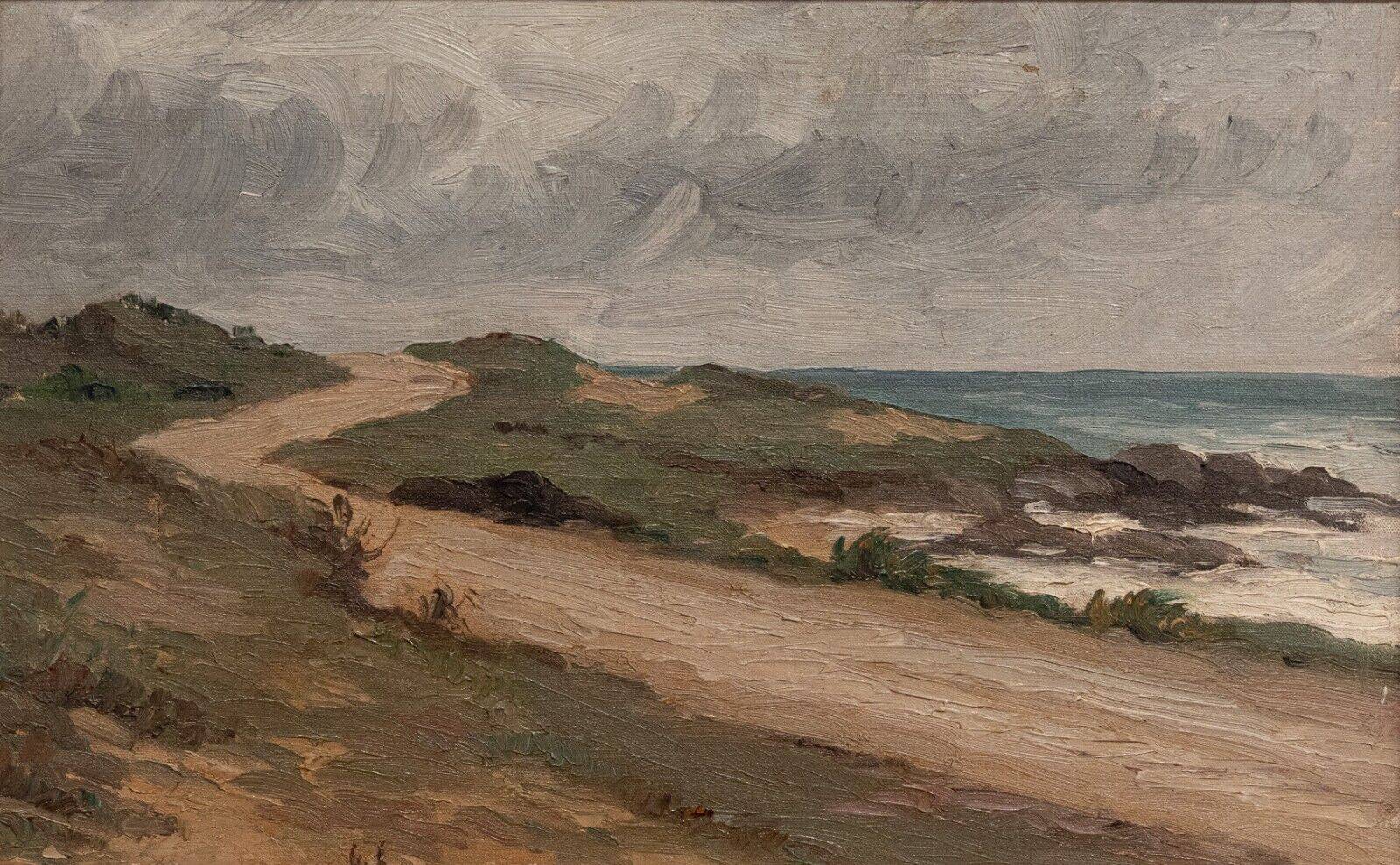 Oil on canvas seaside beach 1930 golden frame