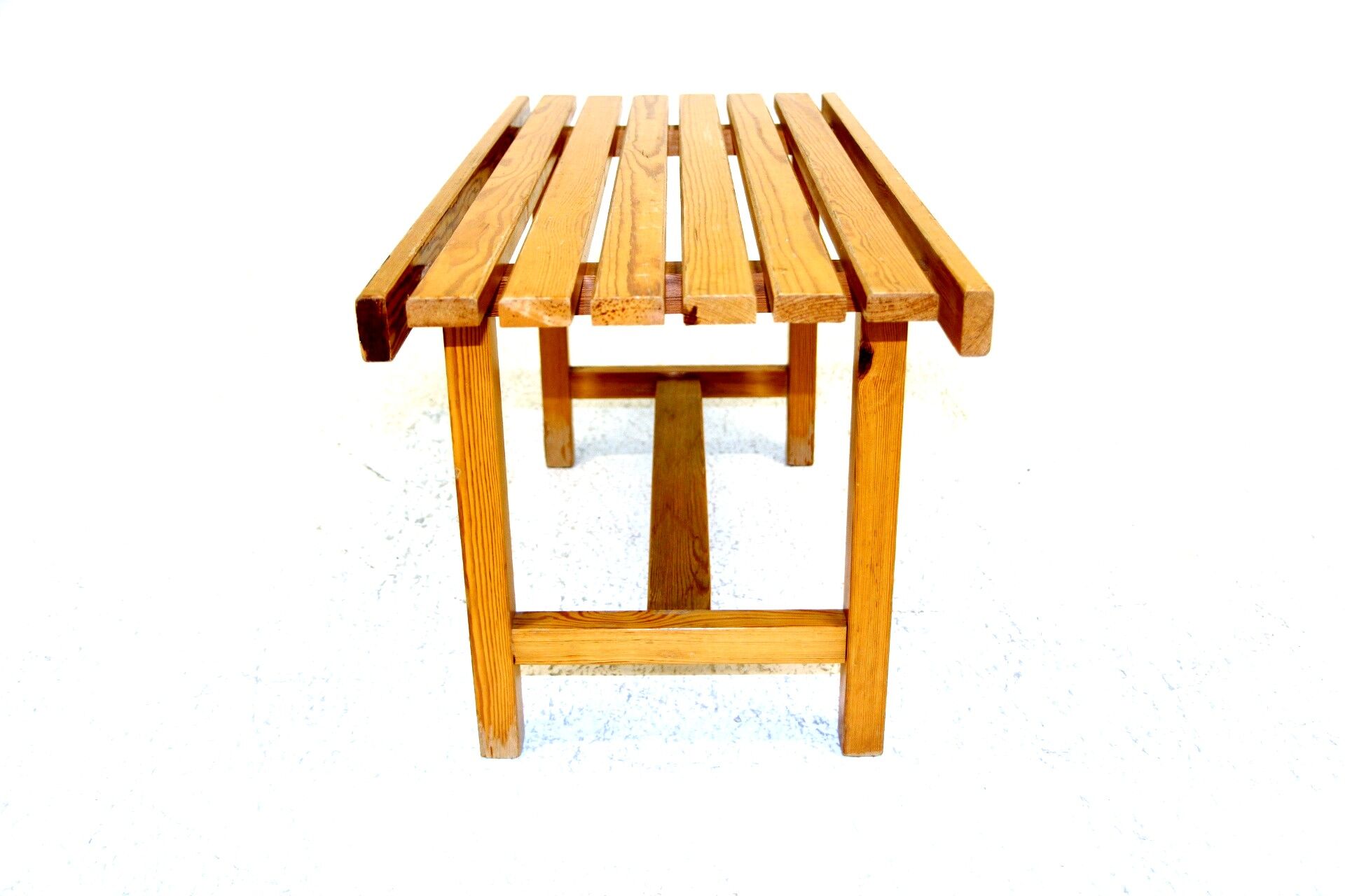 Minimalist pine bench, suede, 1970