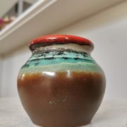 Vintage KIL Yugoslavia Pottery Vase: Brown, Turquoise & Red Rim, 1970s