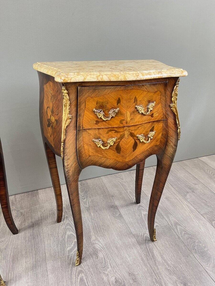 Pair of louis xv style bedside tables in marquetry and marble – 19th century