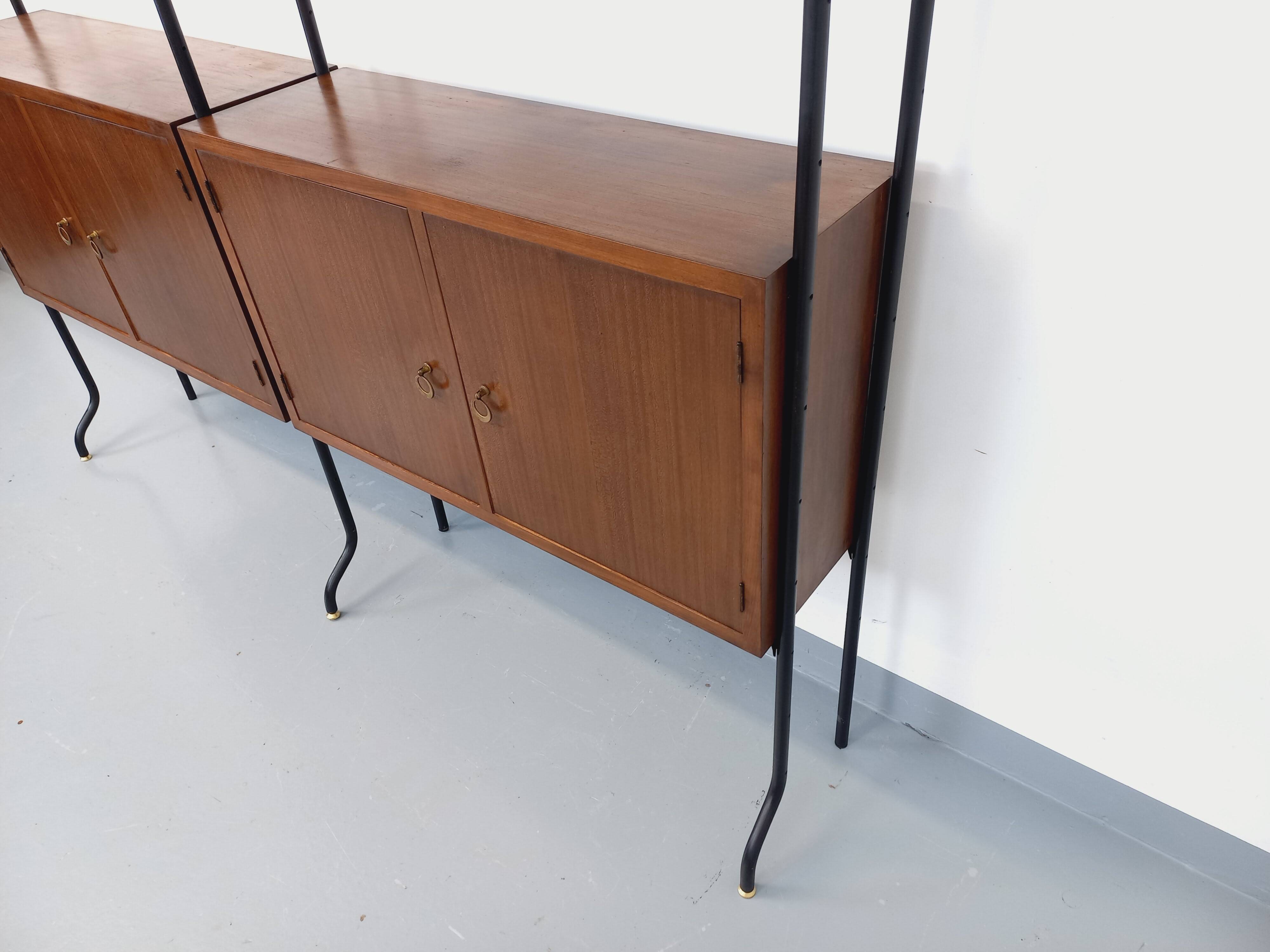 Vintage Italian double modular bookcase in wood and metal