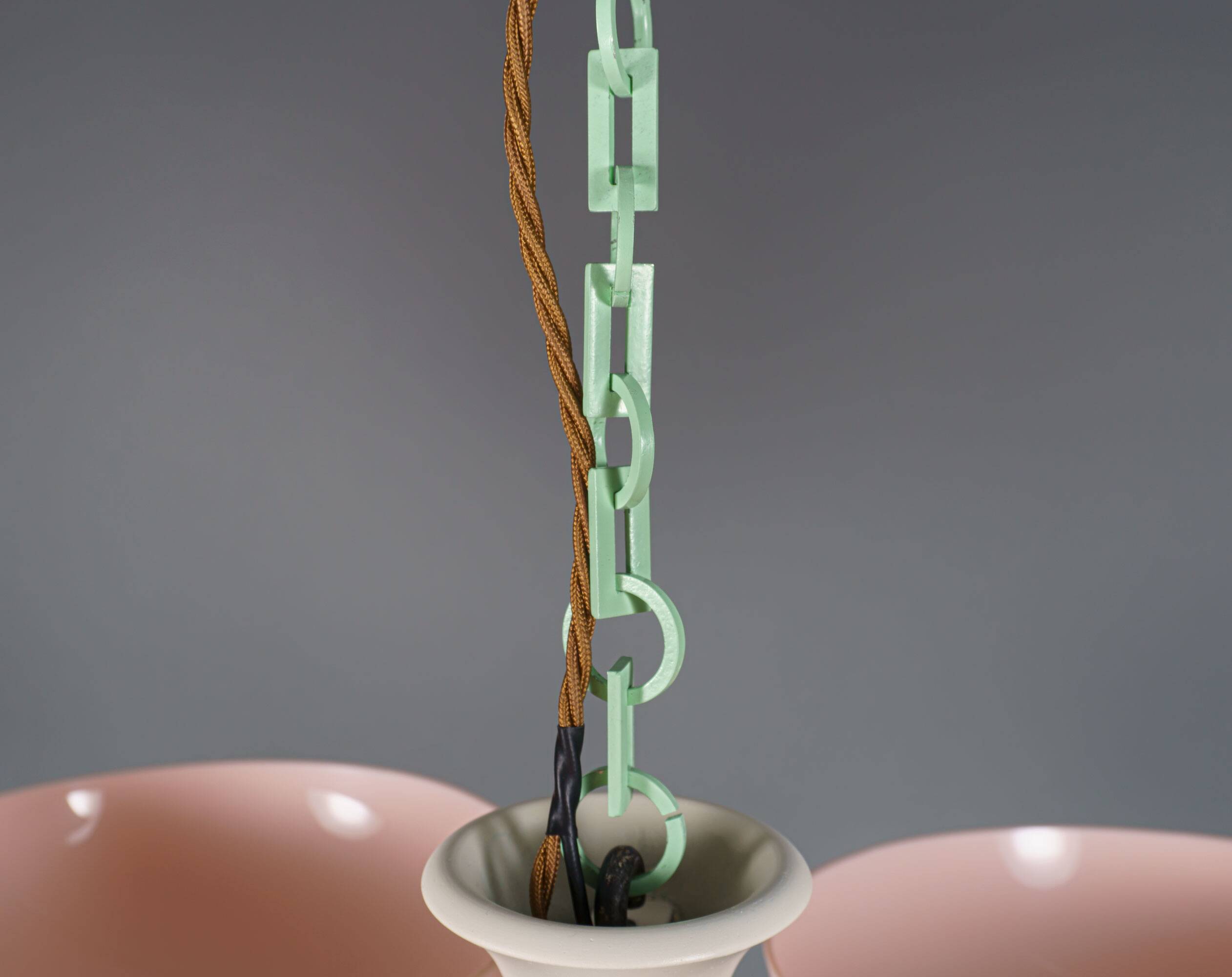 Scarce British Art Deco Pink-Green Aluminium Chandelier & Pink UF Shades