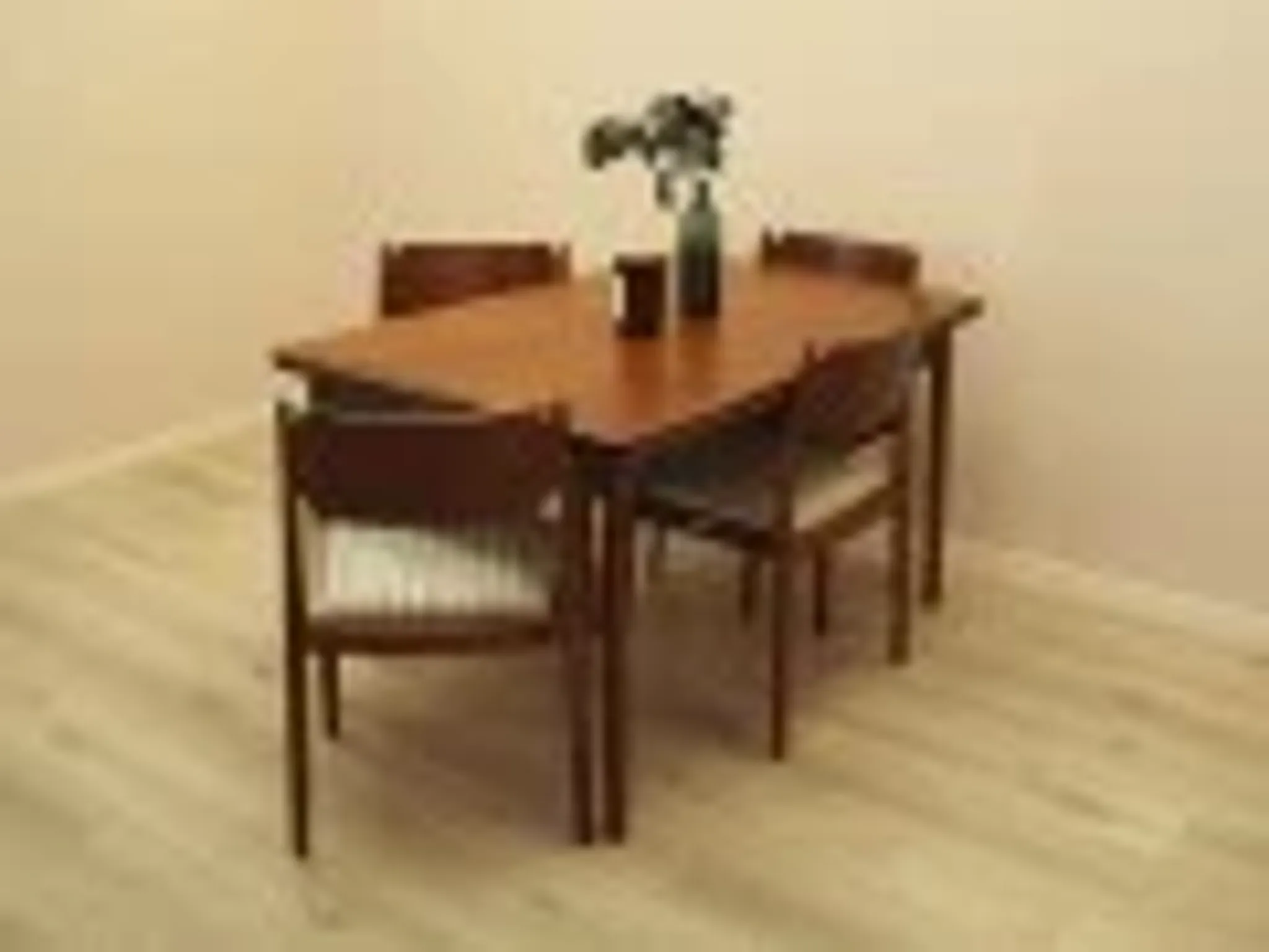 Danish extendable dining table, teak veneer, solid wood legs, leaf storage, 1970s