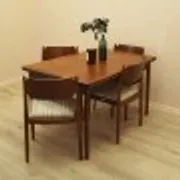 Danish extendable dining table, teak veneer, solid wood legs, leaf storage, 1970s