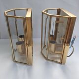 Pair of wall sconces in gold-plated brass with bevelled glass, Italian.