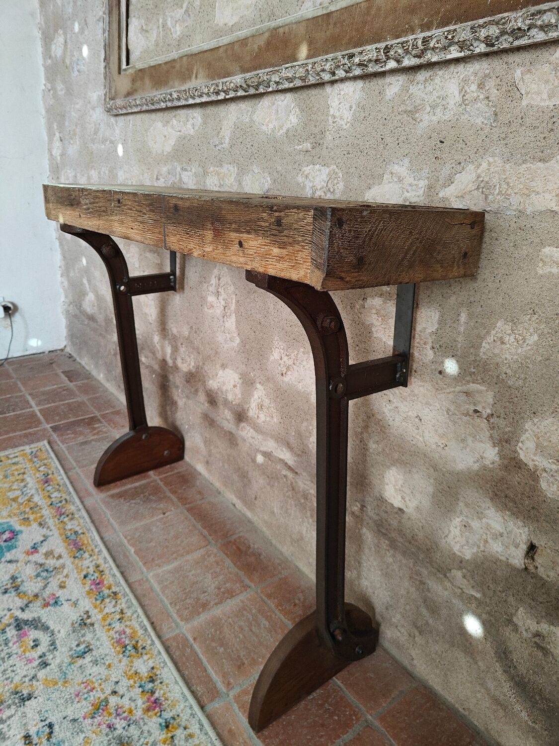 Oak and cast iron console, unique piece.