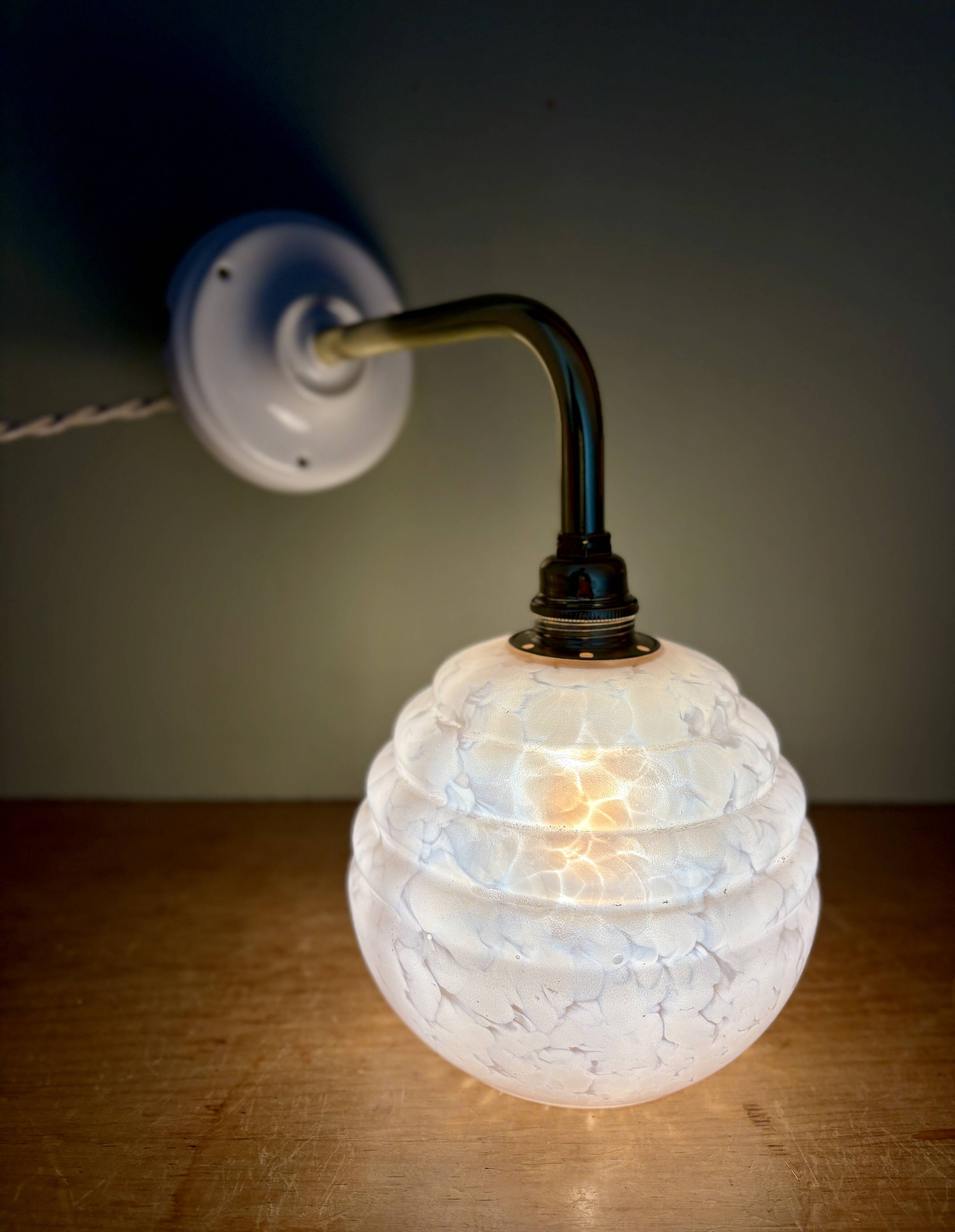 Vintage angled globe wall light in pink Clichy glass