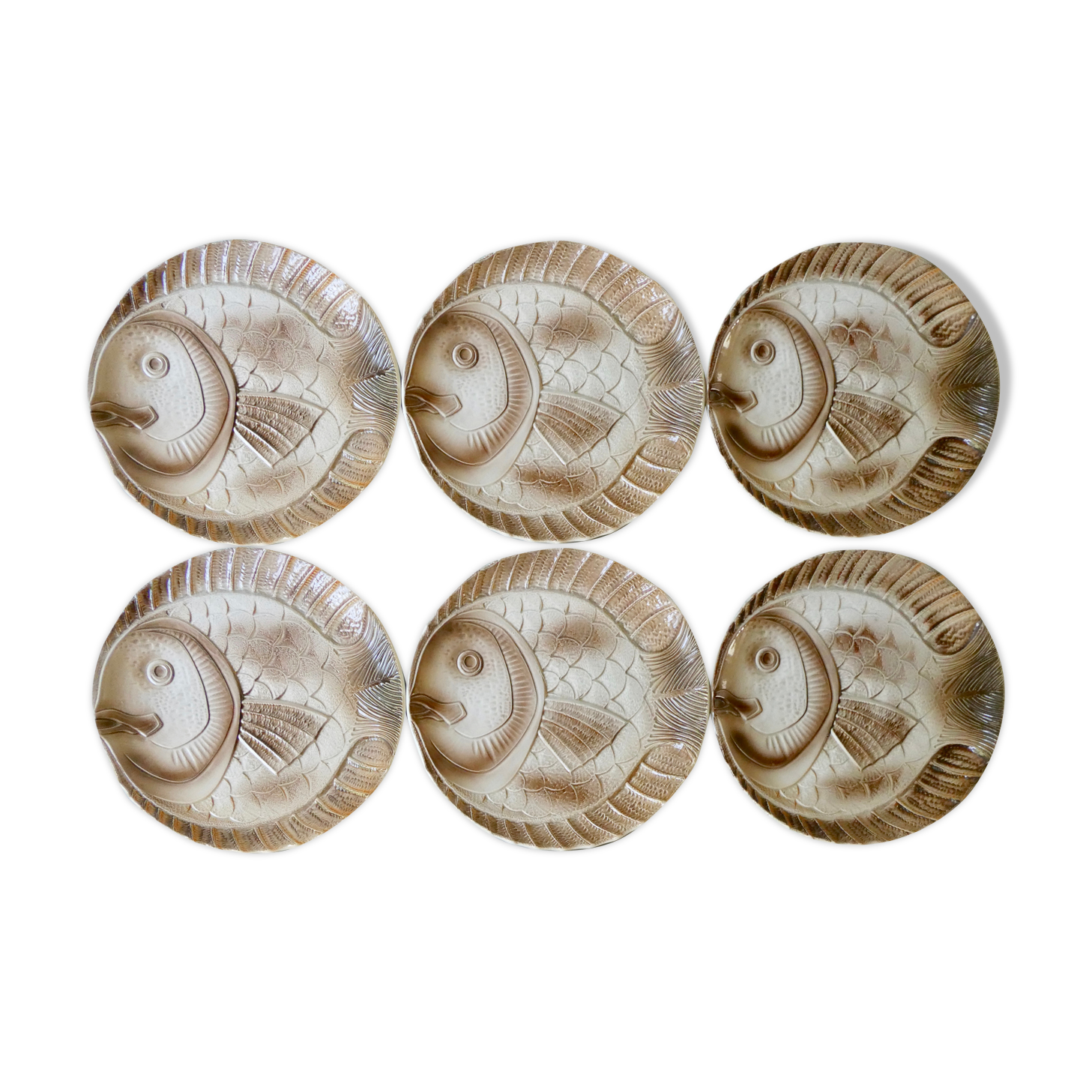 Set of 6 flat plates, fish shape, Sarreguemines France