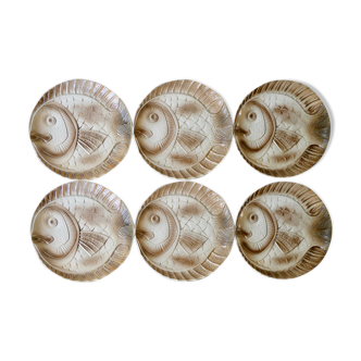 Set of 6 flat plates, fish shape, Sarreguemines France
