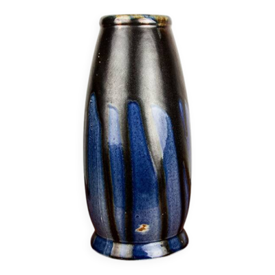 Grand vase Art-Déco, céramique émaillée bleue, Léon Pointu, Grès de Puisaye