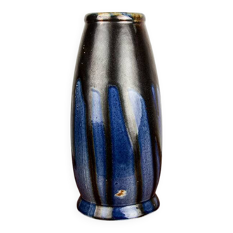 Grand vase Art-Déco, céramique émaillée bleue, Léon Pointu, Grès de Puisaye