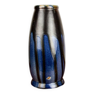 Large Art Deco vase, blue glazed ceramic, Léon Pointu, Puisaye stoneware