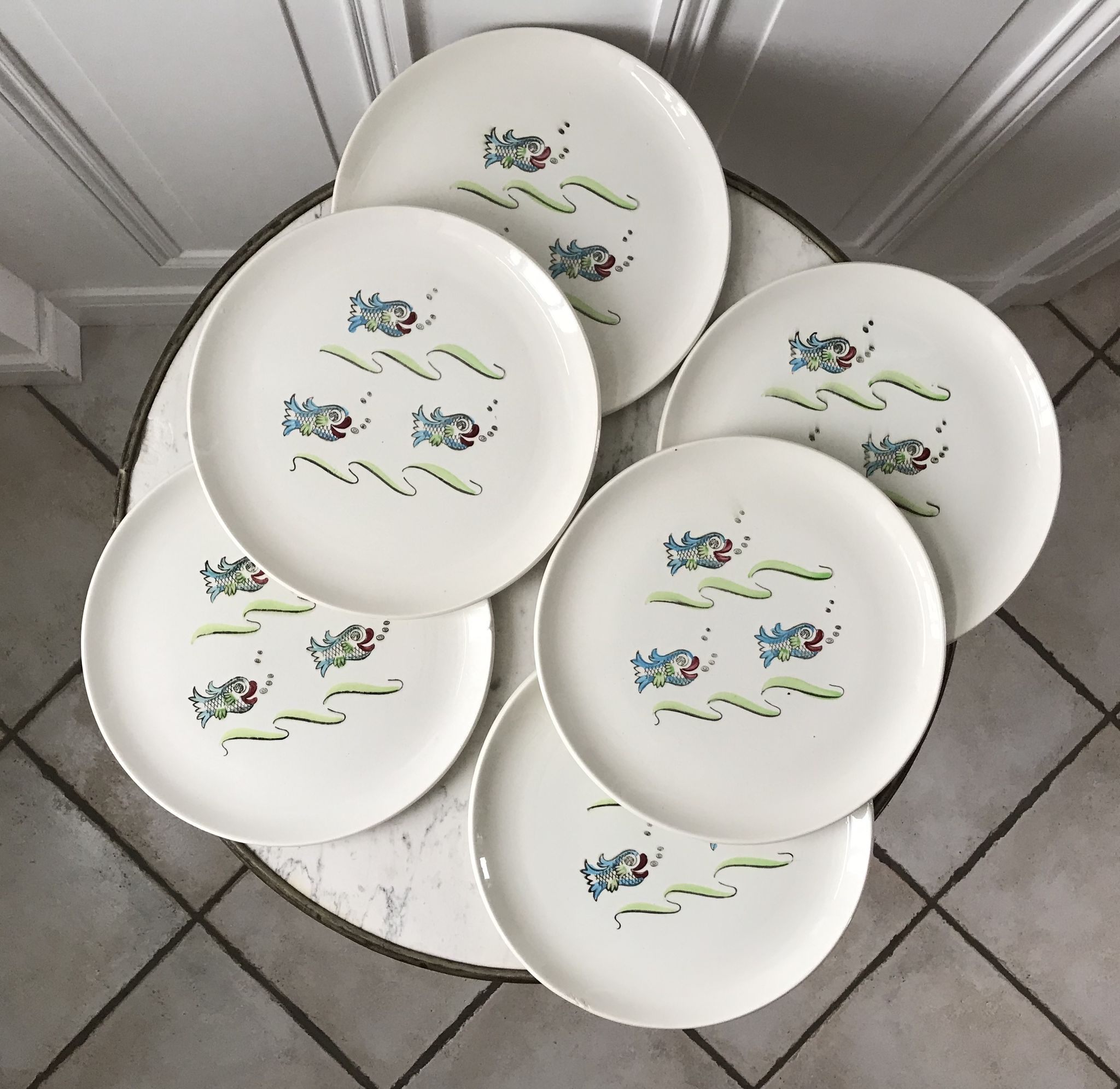 Lot de 6 assiettes plates modèle Poisson Saint-Amand années 50
