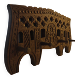 Brutalist style carved wooden coat rack with four hooks