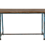 Table basse ancienne table d'ecolier vieux teck et metal 94x49x53cm
